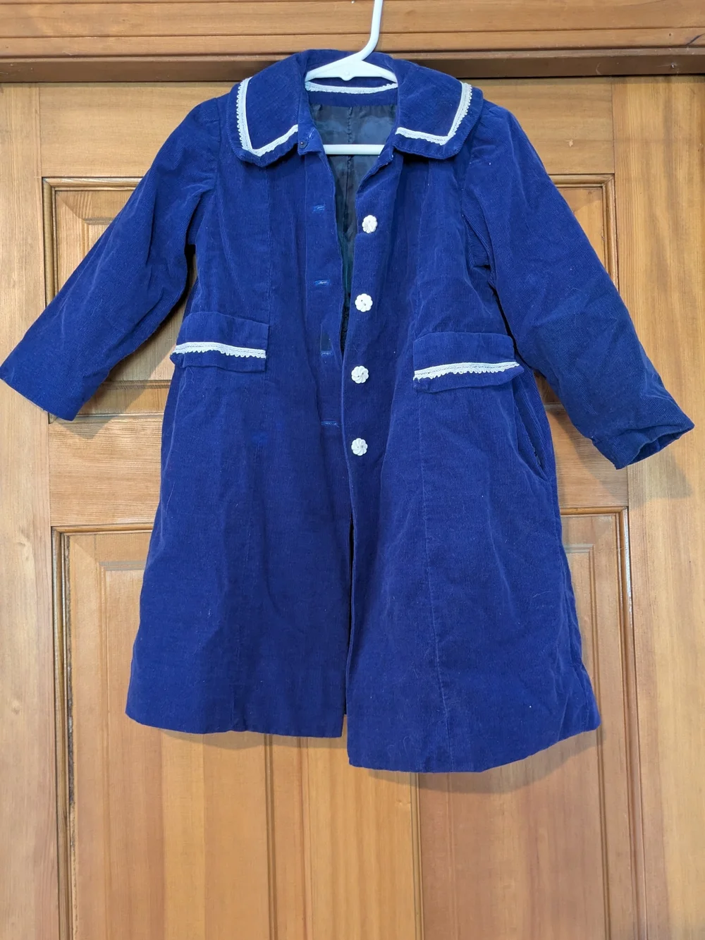 Toddler Girls' Navy Blue Corduroy Coat with Lace Trim - 4T